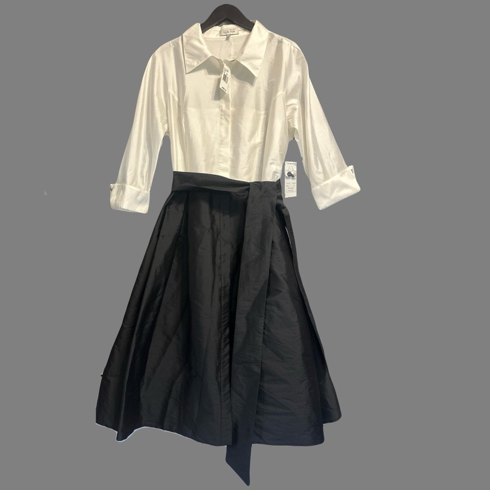 NWT Teri Jon Rickie Freeman 3/4 Sleeve Taffeta Shirt Waist Color Block Gown 18